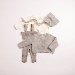 BEE & DEE 4PC POINTELLE SHIRT WITH RIBBED KNIT OVERALL, WOOL CARDIGAN & BONNET ENSEMBLE