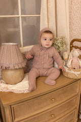 BEE & DEE 4PC POINTELLE SHIRT WITH RIBBED KNIT OVERALL, WOOL CARDIGAN & BONNET ENSEMBLE