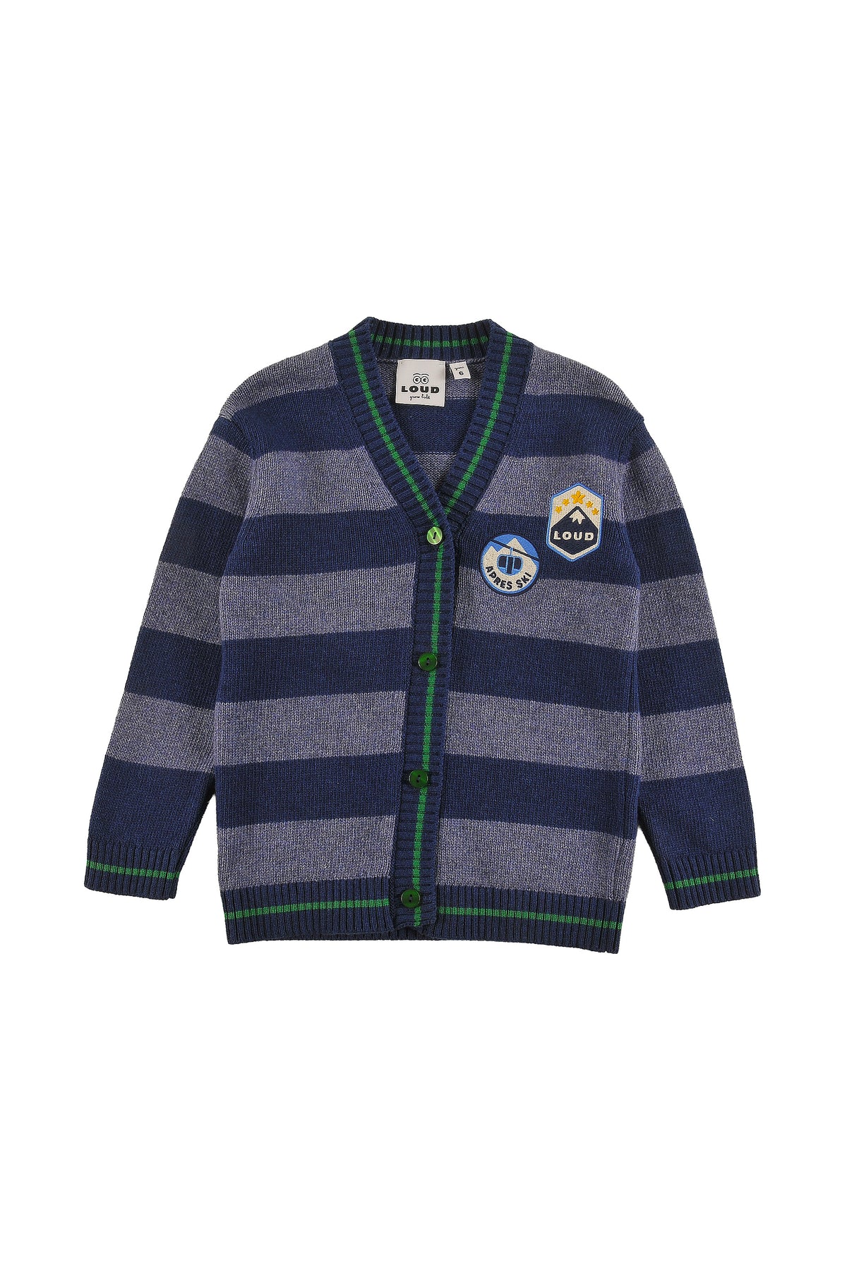 LOUD APPAREL "GSTAAD" EMBROIDERED MOTIF PATCH STRIPED CARDIGAN