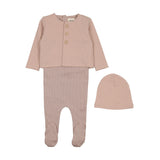 MEMA KNITS 3PC STRIPED FOOTED OVERALLS, CARDIGAN AND BEANIE SET