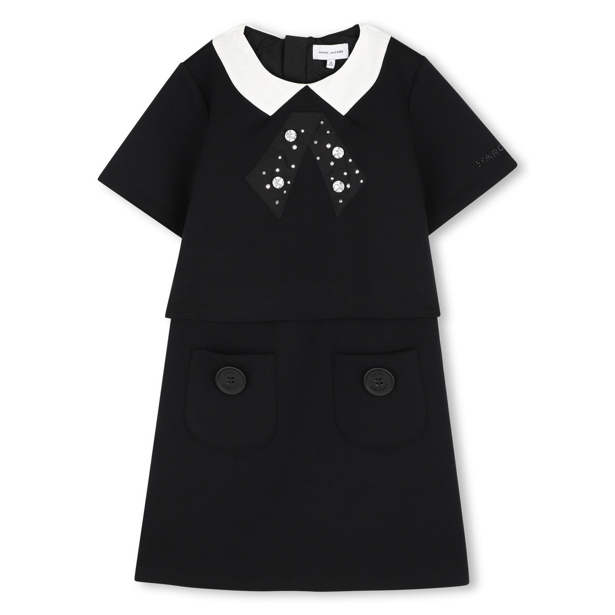 MARC JACOBS SHORT SLEEVE EMB. COLLAR AND RHINESTONE BOW POCKET DRESSY DRESS