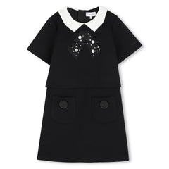 MARC JACOBS SHORT SLEEVE EMB. COLLAR AND RHINESTONE BOW POCKET DRESSY DRESS