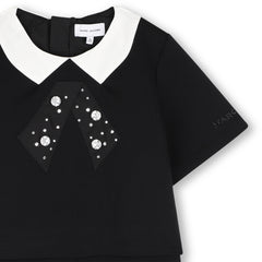 MARC JACOBS SHORT SLEEVE EMB. COLLAR AND RHINESTONE BOW POCKET DRESSY DRESS