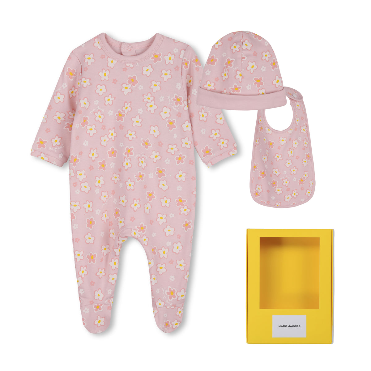 MARC JACOBS 3PC FLOWER PRINT LOGO FOOTIE, BIB & HAT