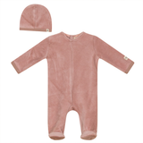 FRAGILE BEBE VELOUR RIBBED FOOTIE AND BEANIE