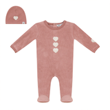 LITTLE FRAGILE 2PC HEART PRINT VELOUR FOOTIE + BEANIE SET