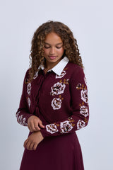 TEA 2PC KNIT TIE CARDIGAN FLOWER DETAIL WITH COLLAR JUMPER