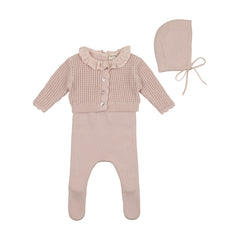 BEE & DEE 3PC WAFFLE CARDIGAN, RIBBED KNIT FOOTIE WITH BONNET SET