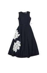VENERA ARAPU CREP BLISS DRESS WITH DECORATIVE FLOWERS AND LEATHER BELT