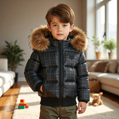 SCOTCH BONNET NATURAL FUR HOOD PLAID ELASTIC COAT