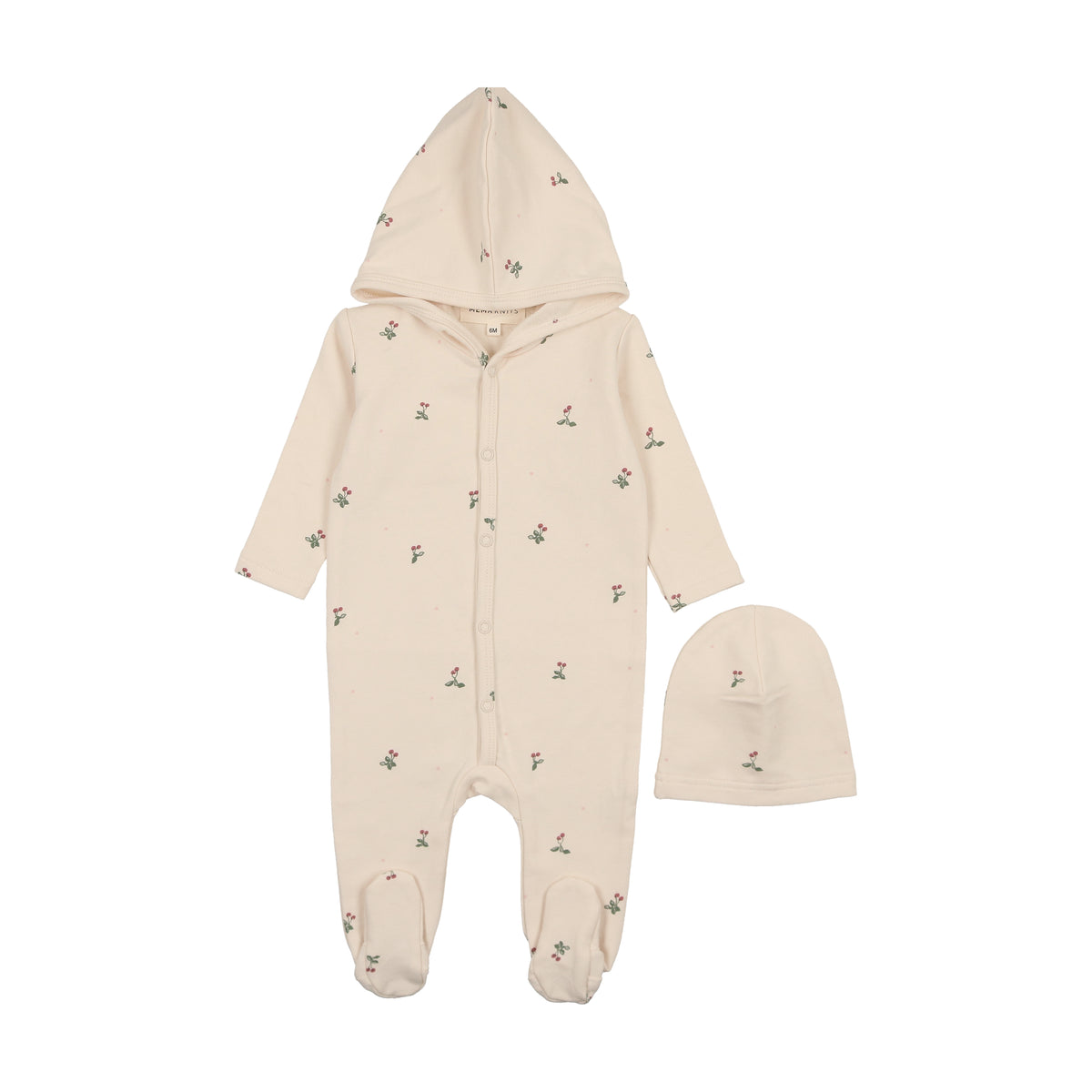 MEMA KNITS 2PC HOODED CHERRY PRINT FOOTIE WITH BEANIE SET