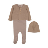 MEMA KNITS 3PC STRIPED FOOTED OVERALLS, CARDIGAN AND BEANIE SET