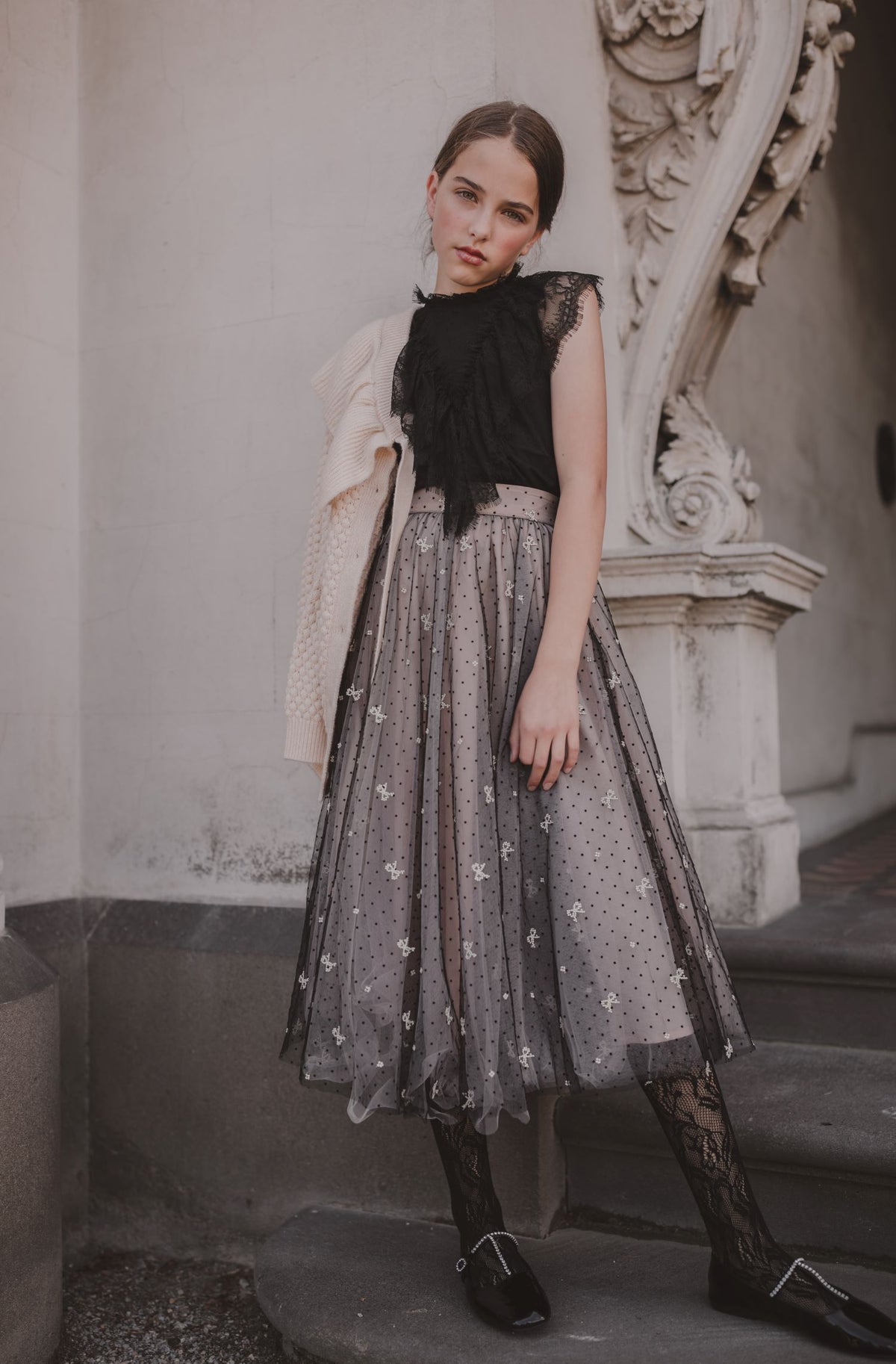 PETITE AMALIE EMBROIDERED BOW TULLE SKIRT