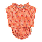 PIUPIUCHICK 2PC CHERRY PRINT CHECKED SLEEVELESS COLLARED BLOUSE WITH BLOOMERS SET