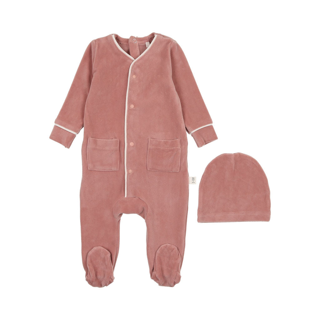 POUF 2PC VELOUR FOOTIE WITH BEANIE SET