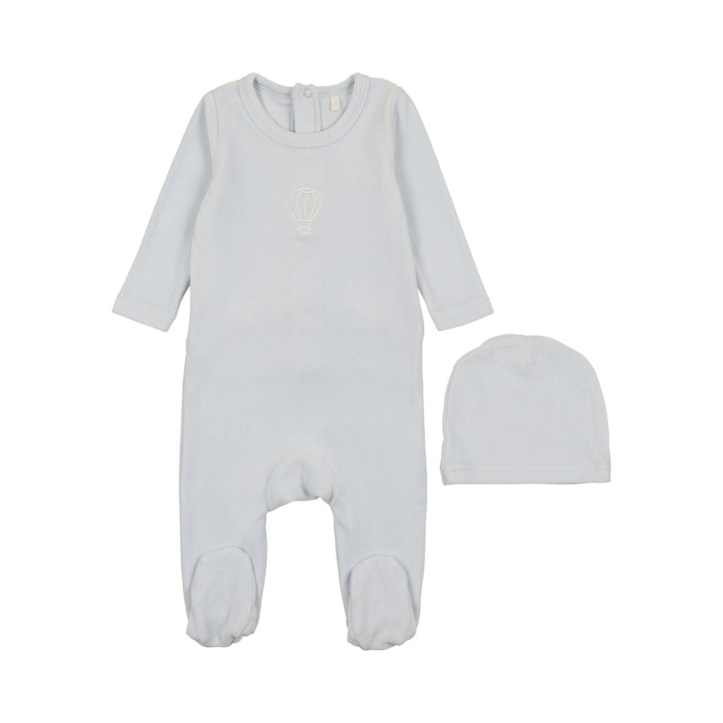 POUF 2PC VELOUR EMBROIDERED FOOTIE WITH BEANIE SET