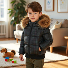 SCOTCH BONNET NATURAL FUR HOOD PLAID ELASTIC COAT