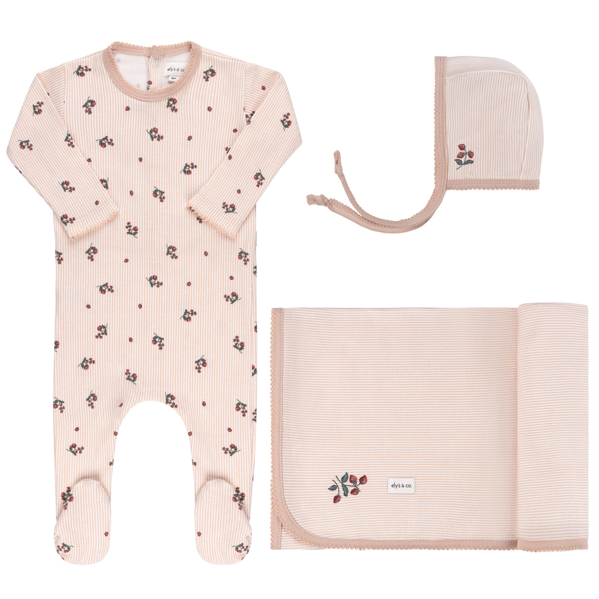 ELYS & CO. 3PC STRAWBERRY FOOTIE, HAT AND BLANKET SET