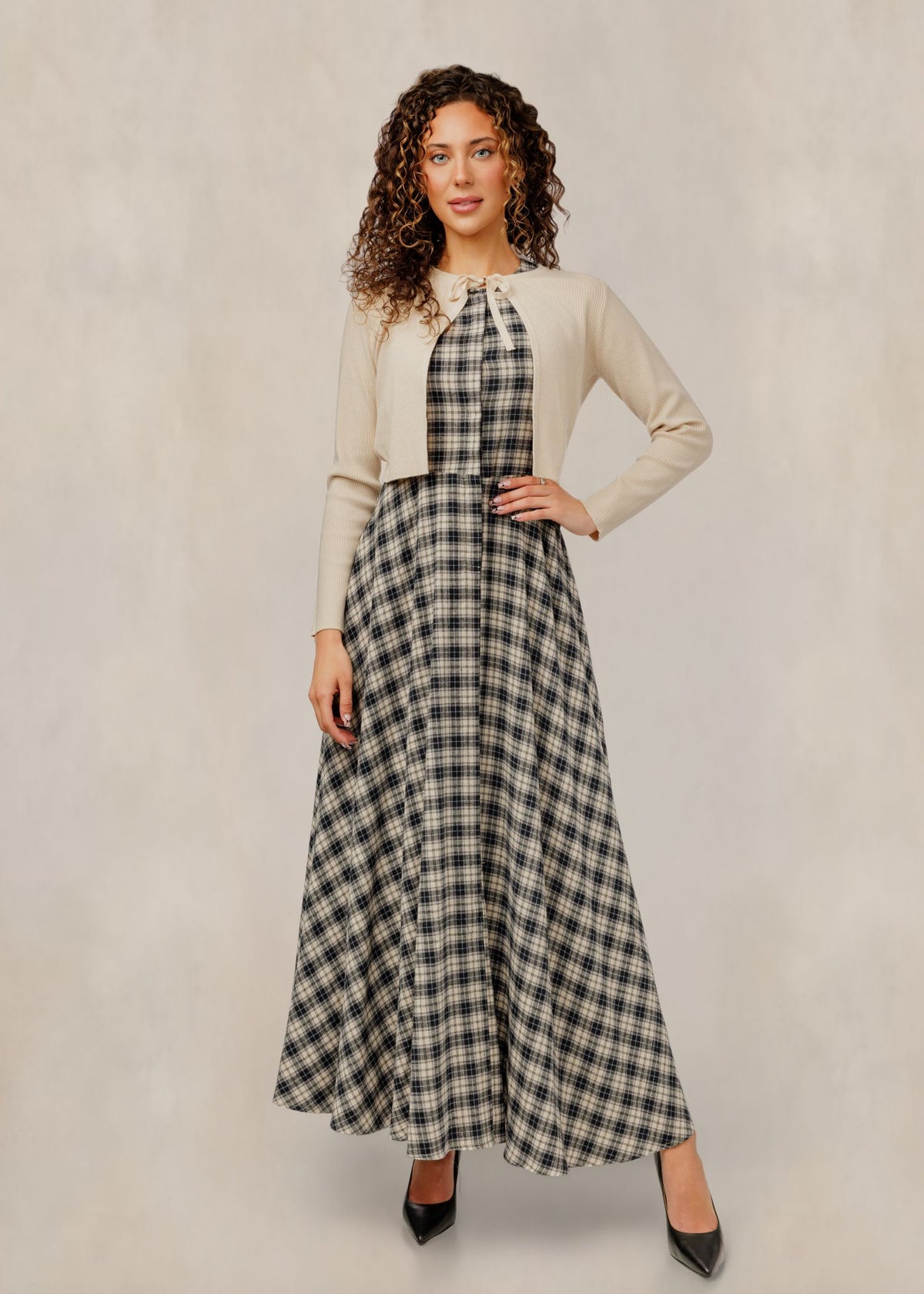 DONNA BELLA 2PC OVERLAY CARDI WITH PLAID ALINE DRESS