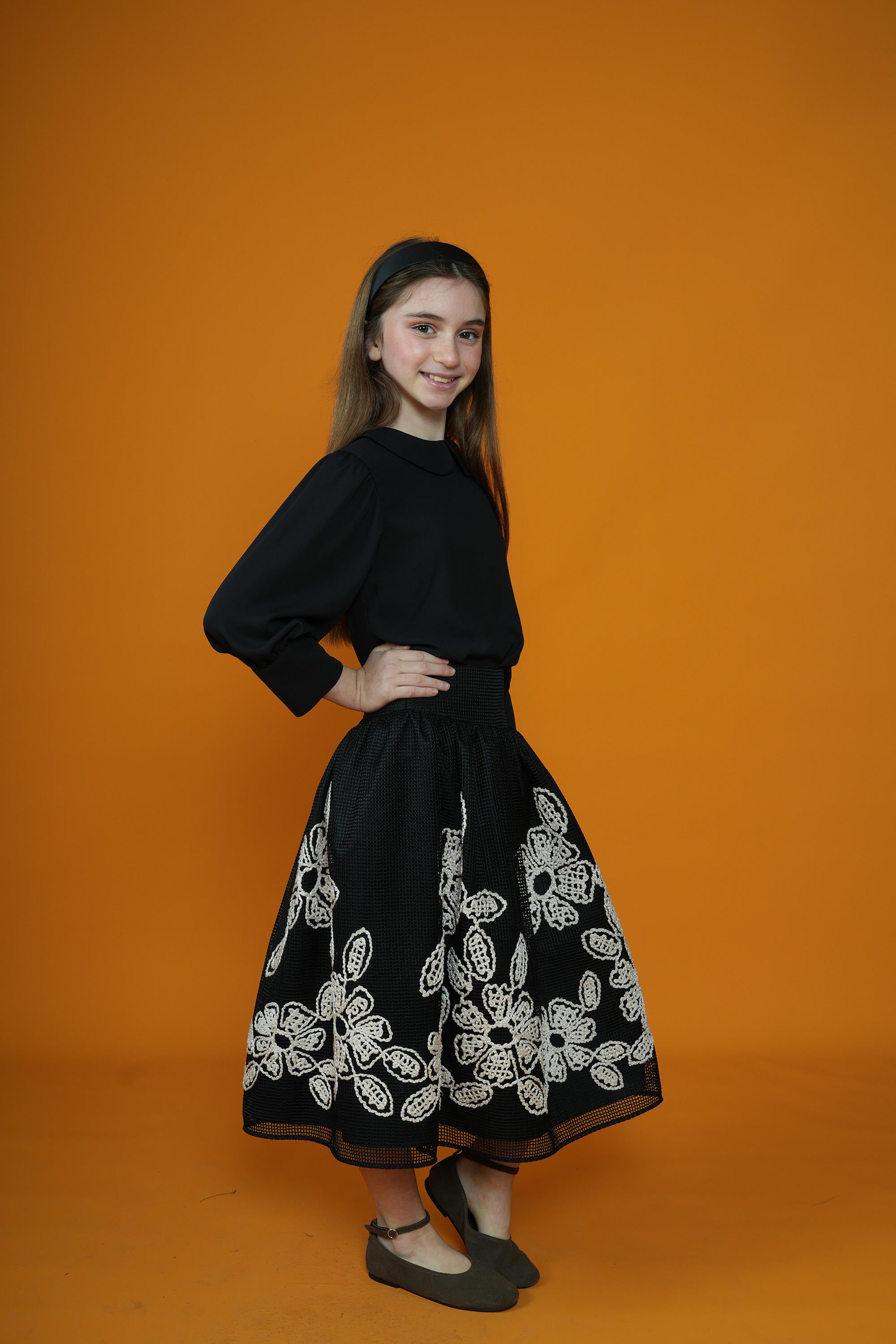 ALITSA EMBROIDERED FLOWERS MESH MIDI SKIRT