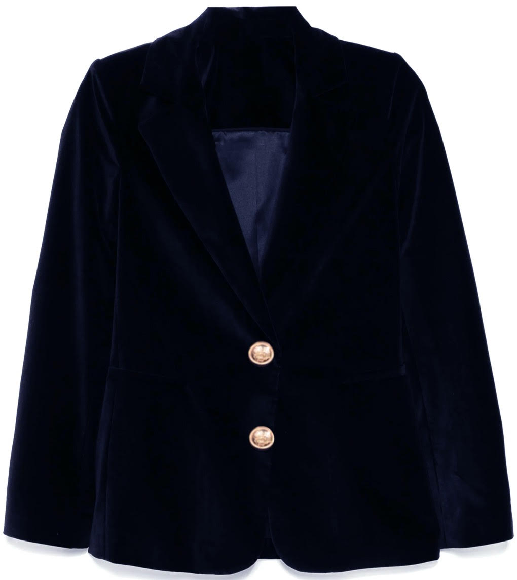 GO THREAD 2PC GOLD BUTTON VELVET BLAZER WITH SIDE PLEAT SKIRT