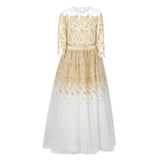MARCHESA LONG SLEEVE TULLE GOLD EMBOIDERED RIBBON DETAIL