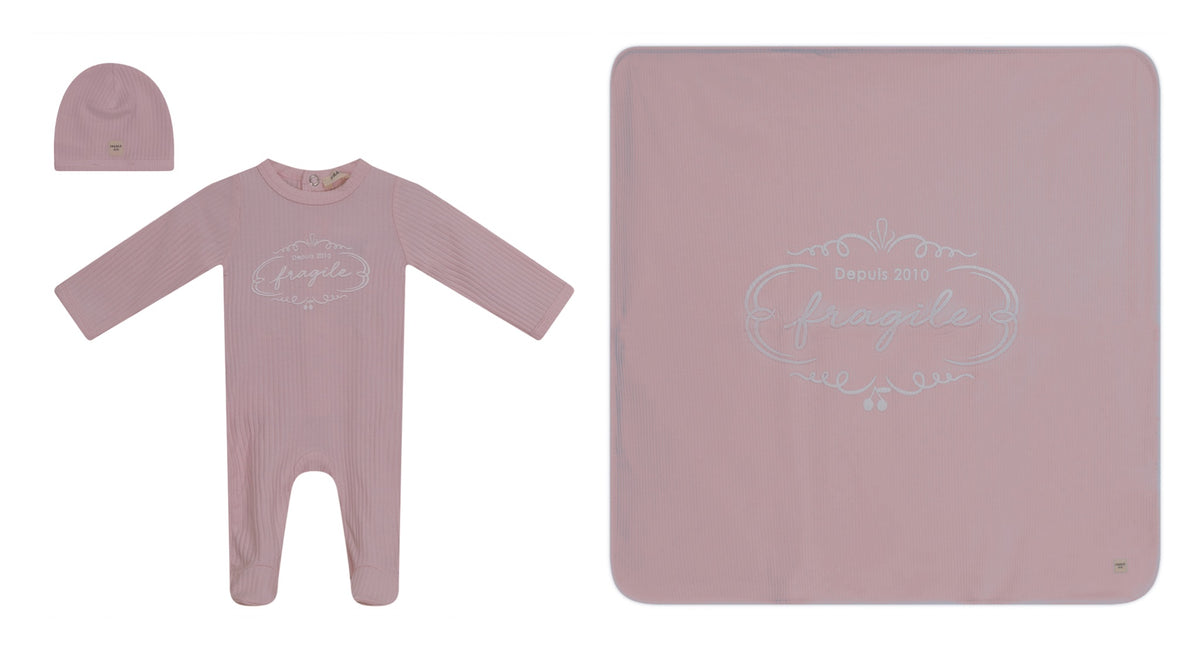 FRAGILE 3PC PUFF PRINT  FOOTIE + HAT +  BLANKET